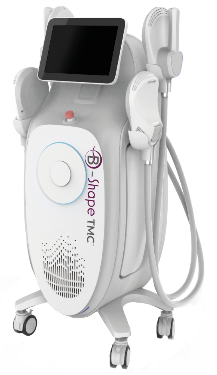 La console B-Shape TMC : un appareil blanc sur roulettes avec un écran tactile incliné et des applicateurs rangés sur les côtés