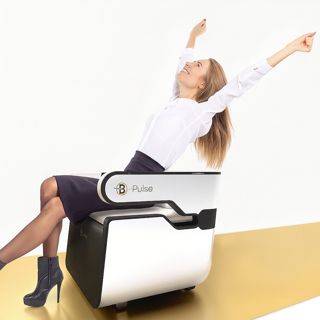 Une cliente souriante, bras levés, installée dans la chaise B-Pulse